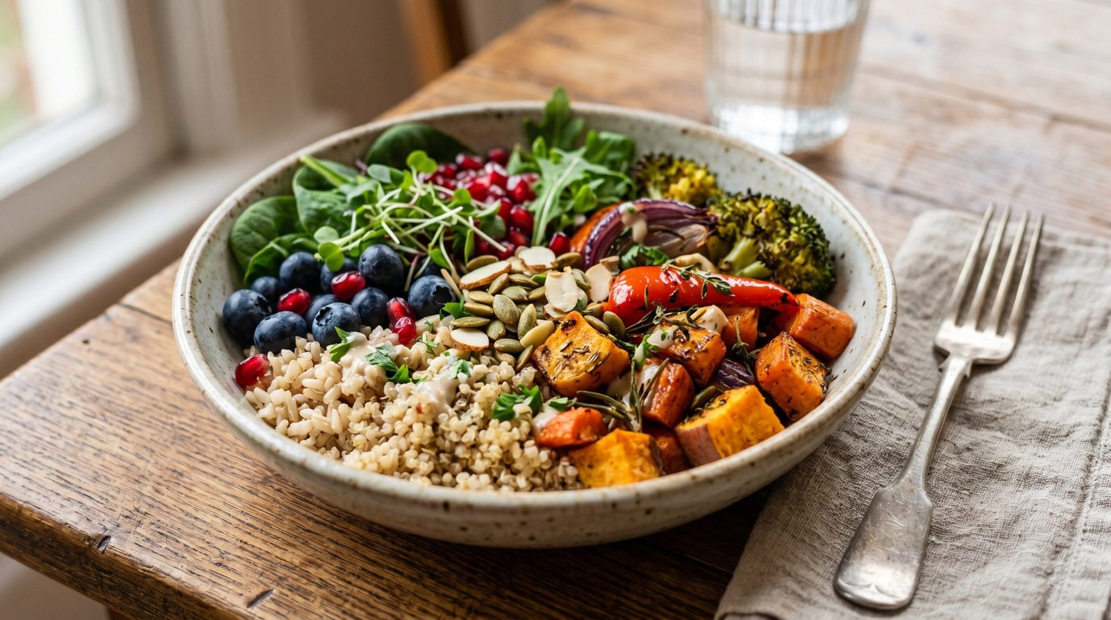 Colorful plate of whole foods with grains, roasted vegetables and fruit on a wooden table