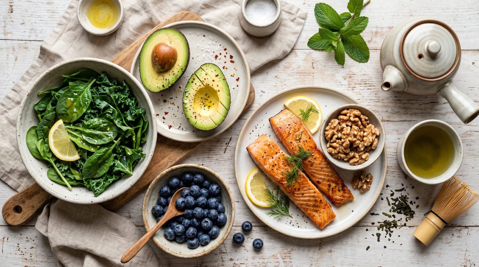 Overhead flat lay of stress-reducing whole foods including leafy greens, avocado, berries, walnuts and salmon