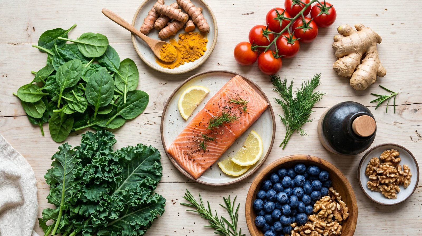 Overhead flat lay of anti-inflammatory foods including blueberries, leafy greens, salmon, turmeric and walnuts