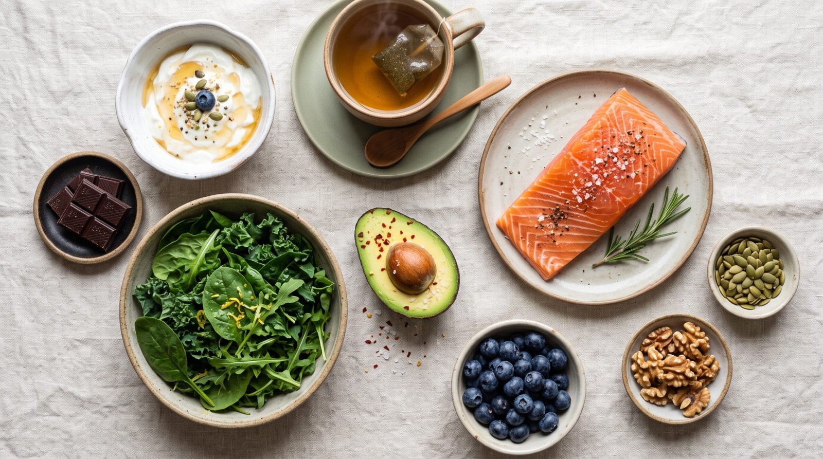 Overhead flat lay of cortisol-supporting whole foods including salmon, leafy greens, avocado, berries, nuts and herbal tea