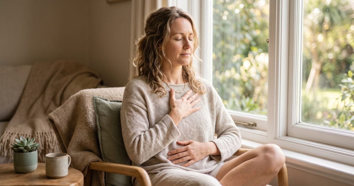 A relaxed woman sitting by a sunlit window taking a slow calming breath, representing relief from high cortisol symptoms