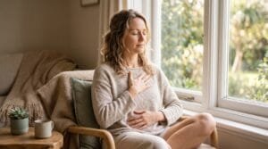 A relaxed woman sitting by a sunlit window taking a slow calming breath, representing relief from high cortisol symptoms