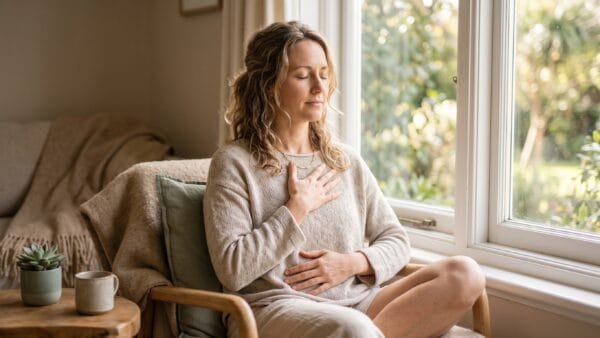A relaxed woman sitting by a sunlit window taking a slow calming breath, representing relief from high cortisol symptoms