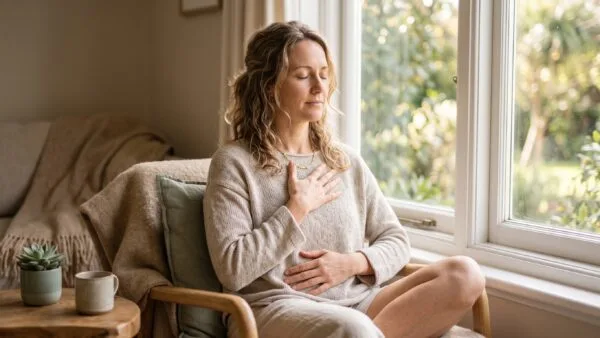 A relaxed woman sitting by a sunlit window taking a slow calming breath, representing relief from high cortisol symptoms