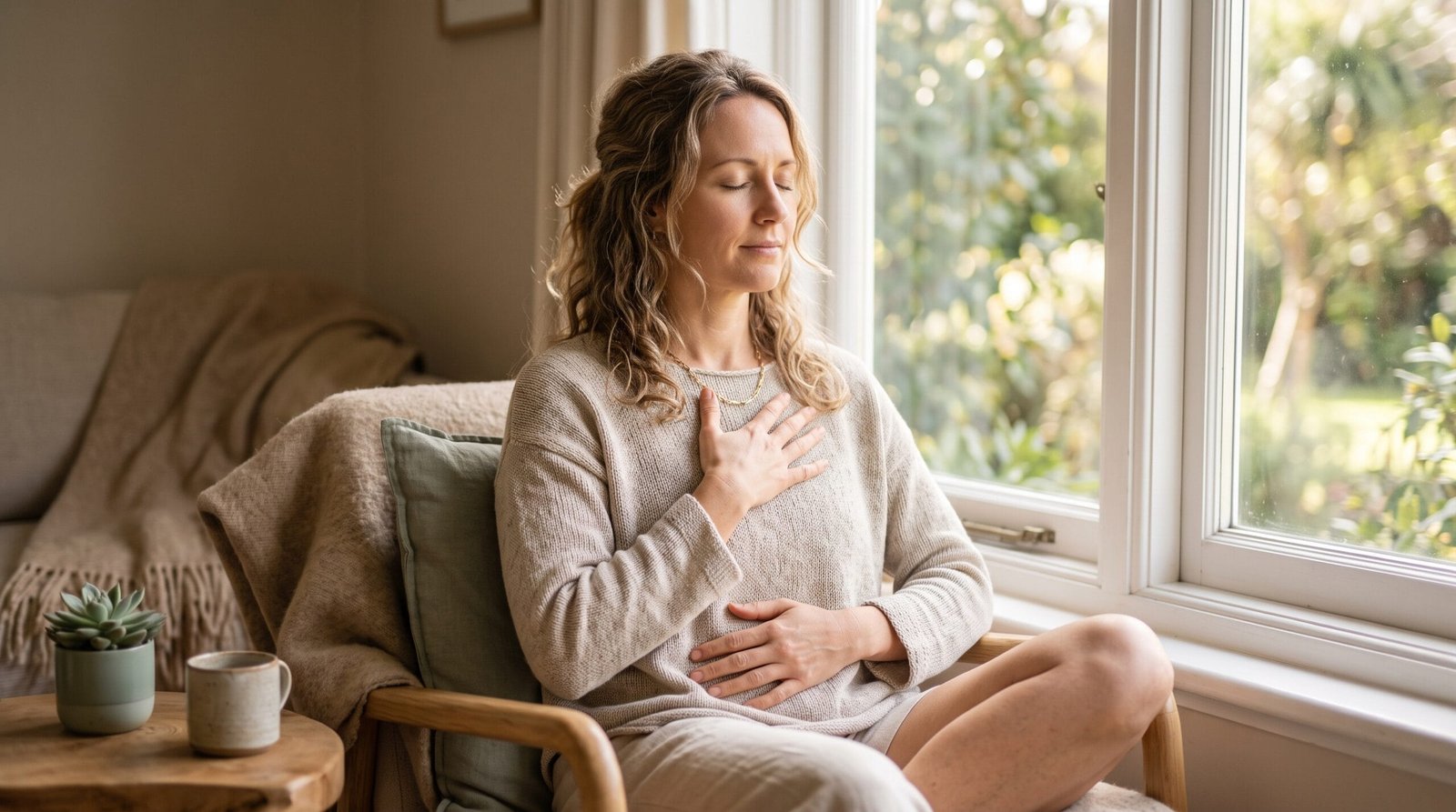 A relaxed woman sitting by a sunlit window taking a slow calming breath, representing relief from high cortisol symptoms