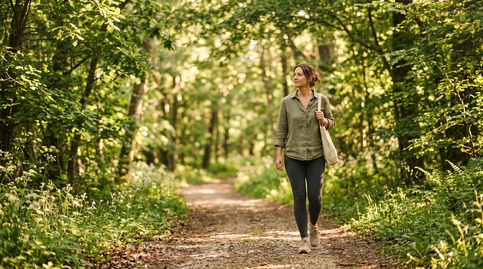 A woman walking calmly on a tree-lined path in golden morning light, a gentle way to lower high cortisol naturally