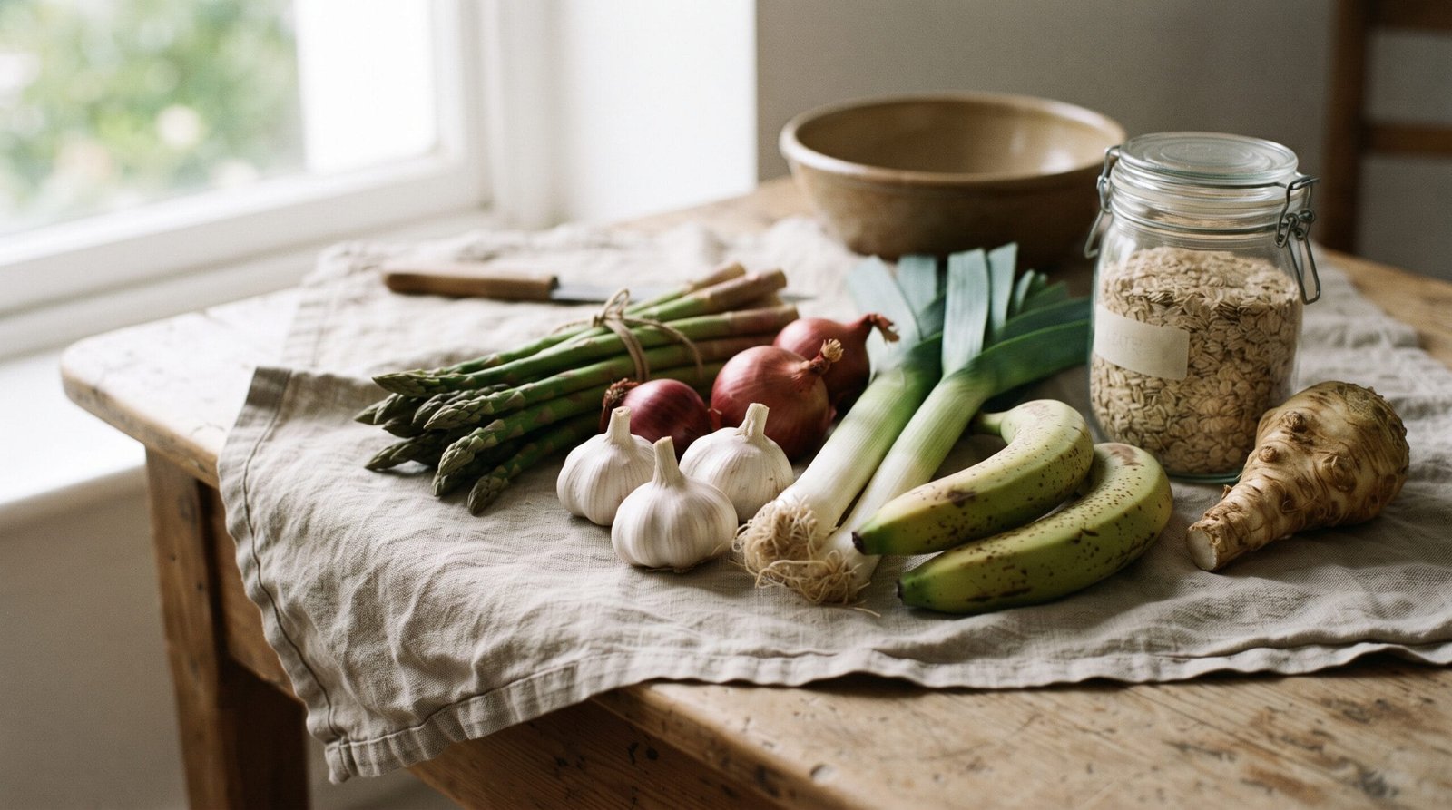 Rustic arrangement of prebiotic-rich foods including garlic bulbs, red onions, leeks, asparagus, green bananas and oats on natural linen