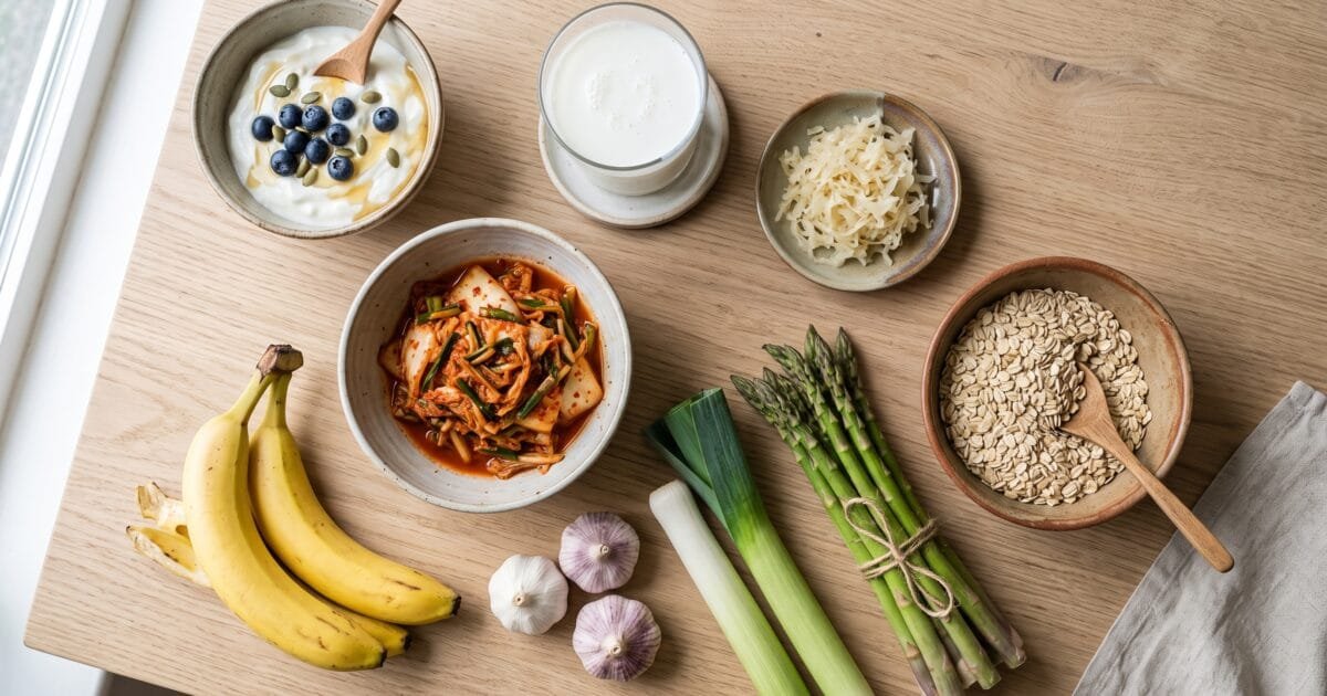 Overhead flat-lay of gut-friendly foods including yogurt, kefir, sauerkraut, kimchi, bananas, garlic, leeks, asparagus and oats on a light oak table