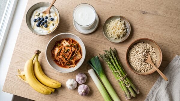 Overhead flat-lay of gut-friendly foods including yogurt, kefir, sauerkraut, kimchi, bananas, garlic, leeks, asparagus and oats on a light oak table