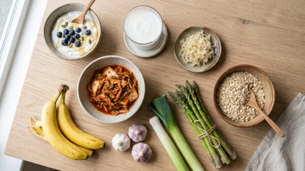 Overhead flat-lay of gut-friendly foods including yogurt, kefir, sauerkraut, kimchi, bananas, garlic, leeks, asparagus and oats on a light oak table