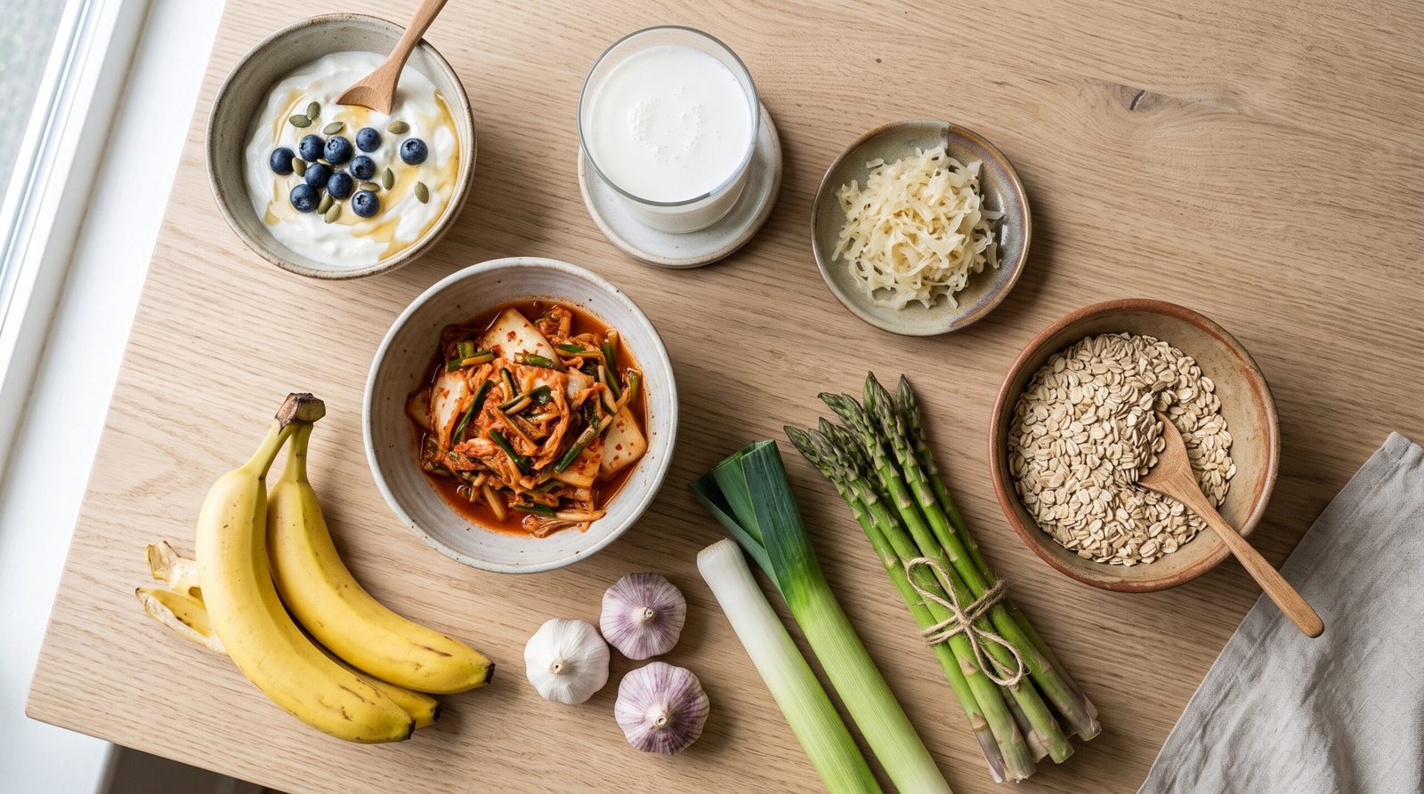 Overhead flat-lay of gut-friendly foods including yogurt, kefir, sauerkraut, kimchi, bananas, garlic, leeks, asparagus and oats on a light oak table