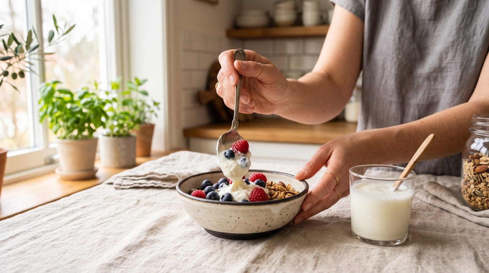 Woman spooning creamy yogurt with fresh blueberries and raspberries into a bowl beside a glass of kefir in a bright kitchen