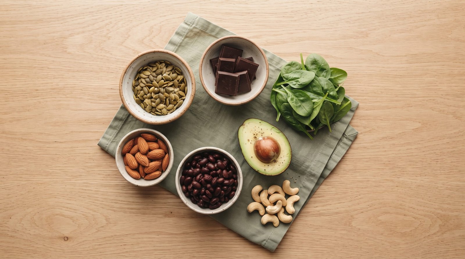 Overhead flat lay of magnesium-rich foods for anxiety including pumpkin seeds, dark chocolate, spinach, almonds, black beans and avocado