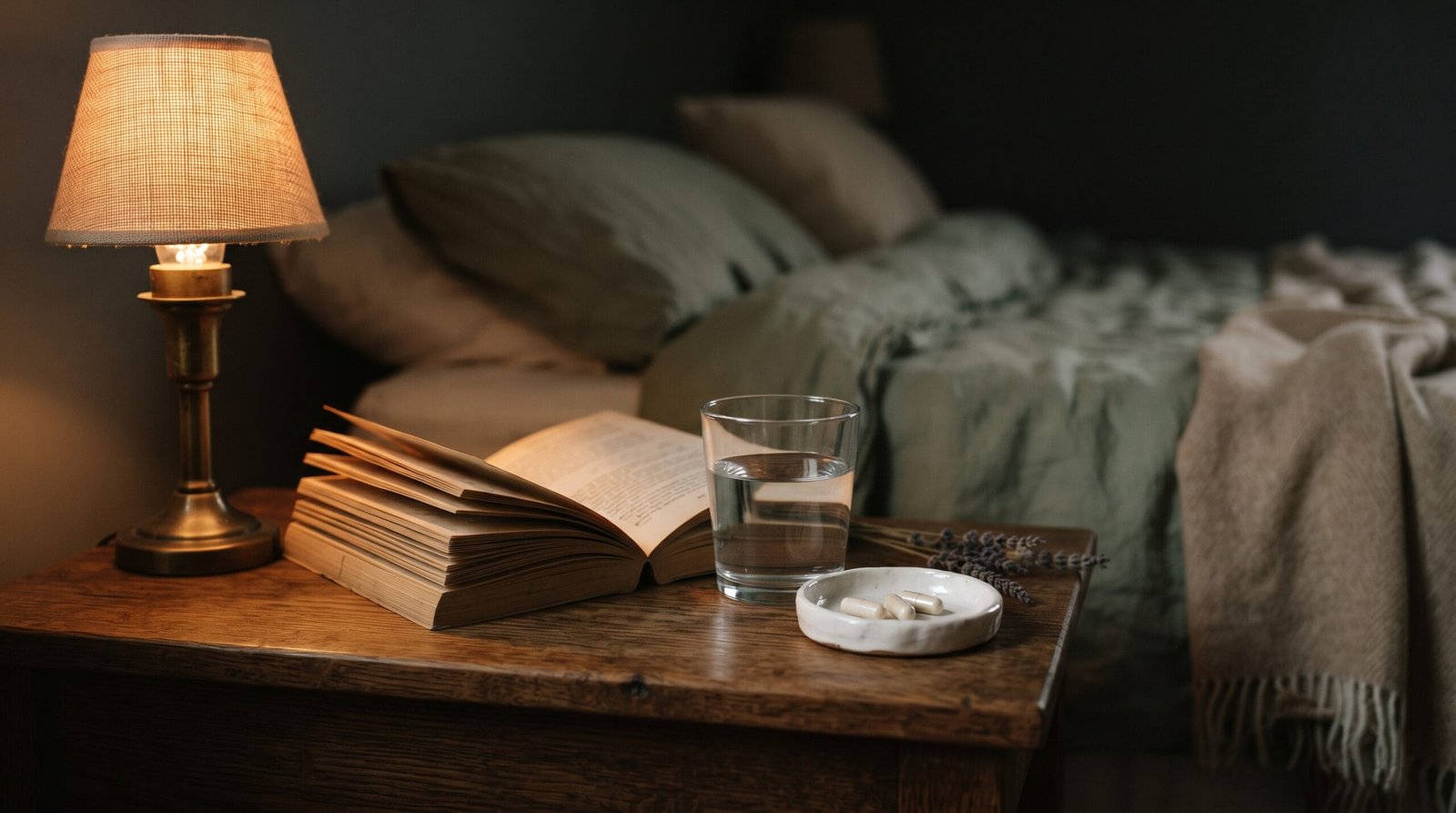 Calm bedside wind-down routine with a warm lamp, book, glass of water and magnesium supplement capsules for anxiety and sleep