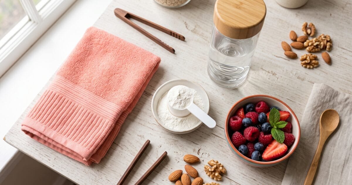 Flat lay of creatine powder scoop, shaker bottle, gym towel and berries for a creatine for women article