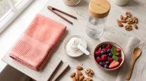 Flat lay of creatine powder scoop, shaker bottle, gym towel and berries for a creatine for women article