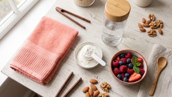 Flat lay of creatine powder scoop, shaker bottle, gym towel and berries for a creatine for women article