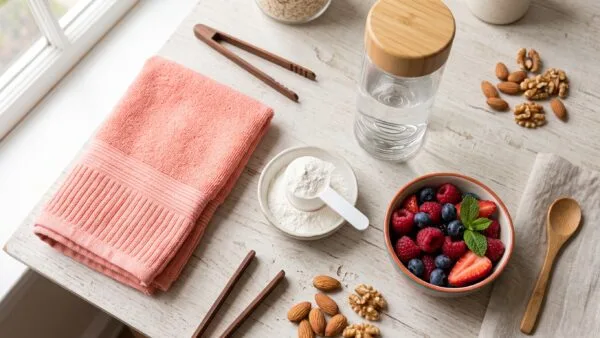 Flat lay of creatine powder scoop, shaker bottle, gym towel and berries for a creatine for women article