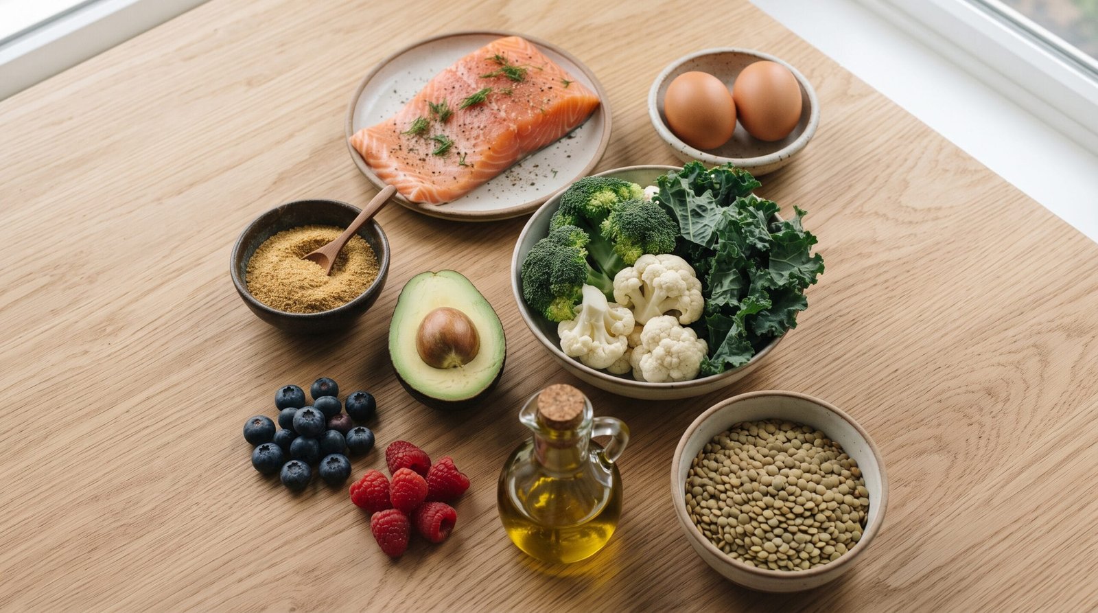 Overhead flat lay of hormone-balancing foods including salmon, eggs, broccoli, flaxseed, avocado, berries, olive oil and lentils