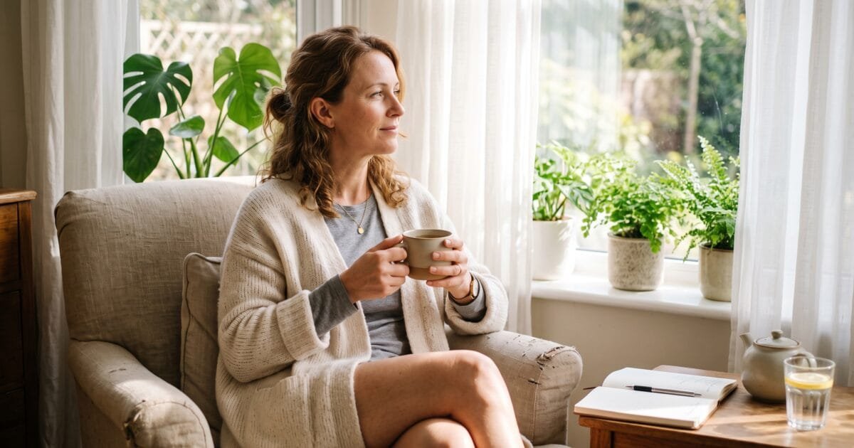 Woman sitting calmly by a sunlit window, representing low estrogen and women's hormonal health