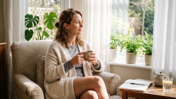 Woman sitting calmly by a sunlit window, representing low estrogen and women's hormonal health