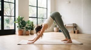 Woman practicing downward-facing dog yoga pose alone on a mat in a bright, sunlit minimalist studio