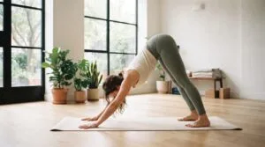 Woman practicing downward-facing dog yoga pose alone on a mat in a bright, sunlit minimalist studio
