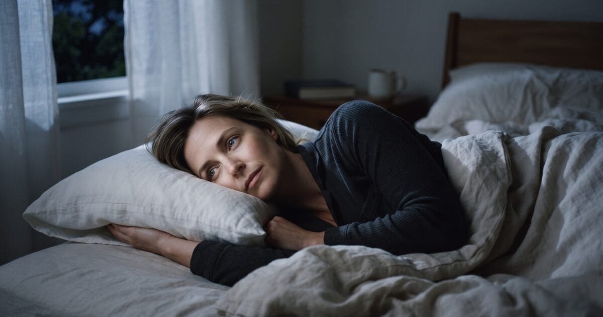 Woman lying awake in a dim bedroom at night wondering why do I wake up at 3am, calm in soft moonlight