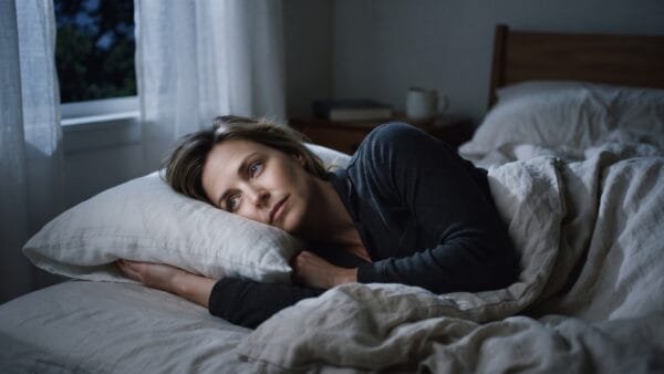 Woman lying awake in a dim bedroom at night wondering why do I wake up at 3am, calm in soft moonlight