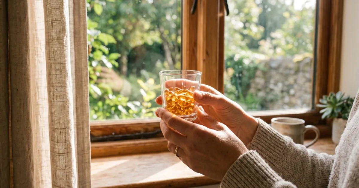 Hands holding vitamin D capsules next to a sunlit window, warm morning light