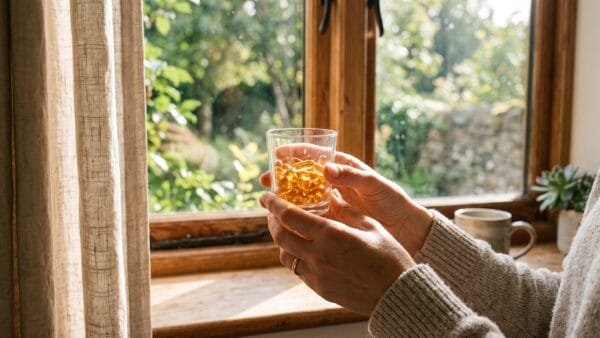 Hands holding vitamin D capsules next to a sunlit window, warm morning light