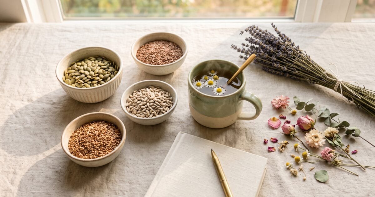 Flat lay of pumpkin seeds, flaxseeds, sesame seeds, sunflower seeds, lavender and herbal tea for a low progesterone symptoms article