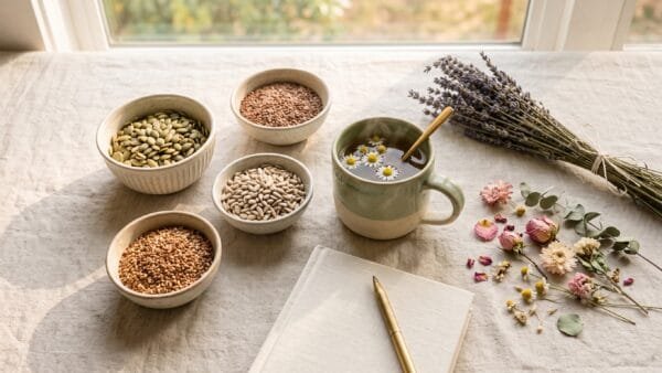 Flat lay of pumpkin seeds, flaxseeds, sesame seeds, sunflower seeds, lavender and herbal tea for a low progesterone symptoms article