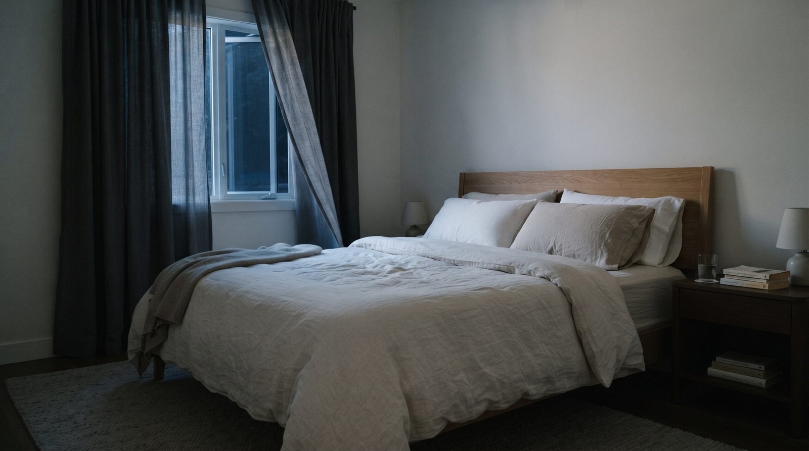 Cool dark screen-free bedroom with blackout curtains set up to prevent waking up at 3am