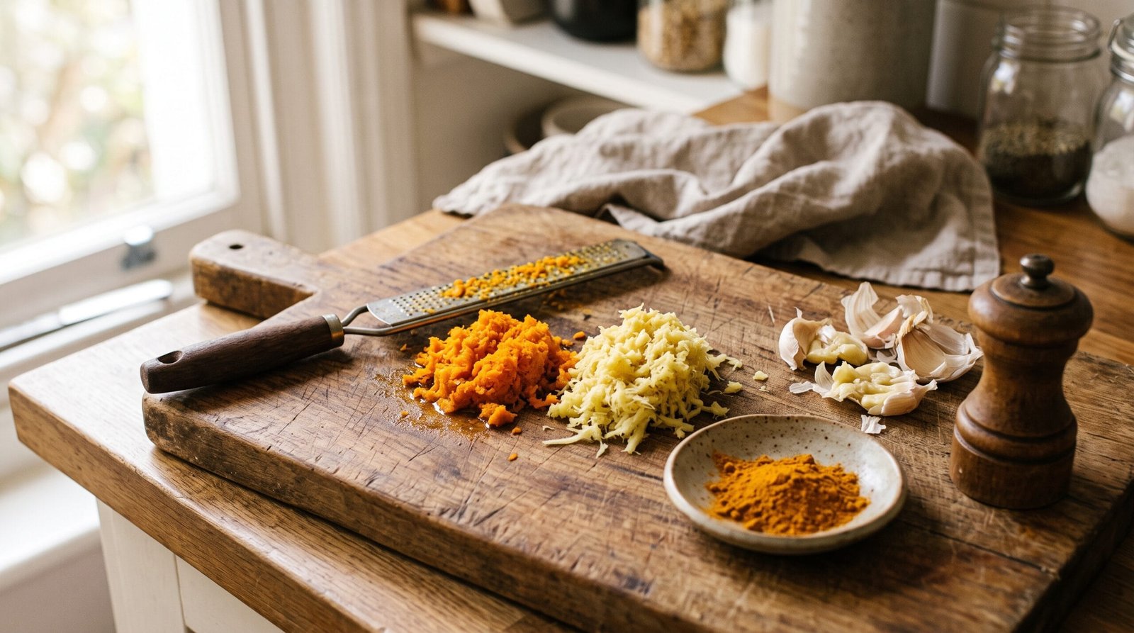 Freshly grated turmeric root and ginger on a wooden chopping board with a microplane grater, crushed garlic and a pepper grinder