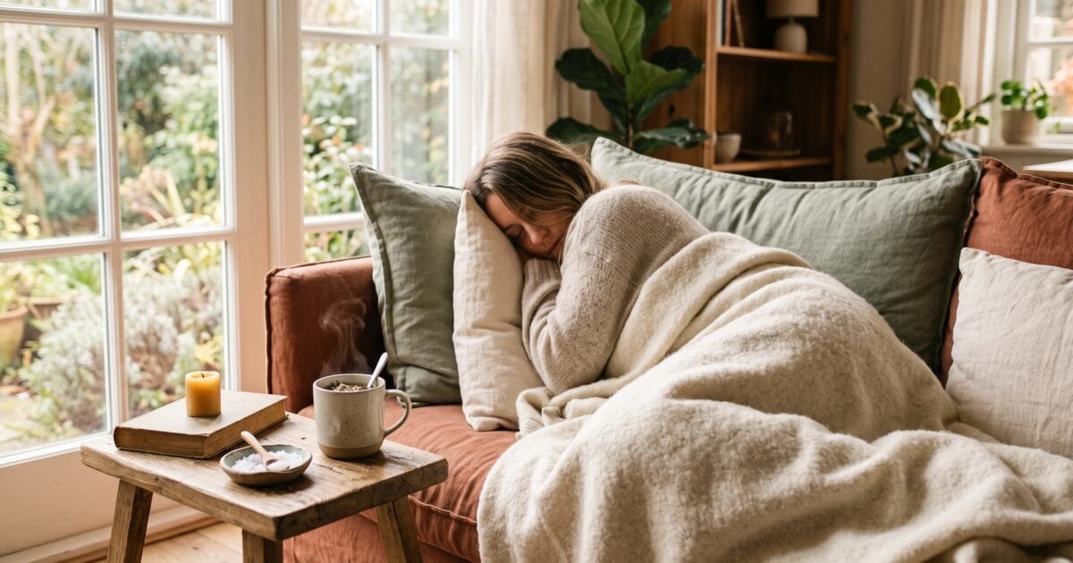 Woman resting peacefully on a sofa wrapped in a blanket with herbal tea, illustrating low cortisol fatigue