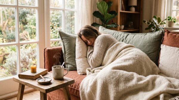 Woman resting peacefully on a sofa wrapped in a blanket with herbal tea, illustrating low cortisol fatigue