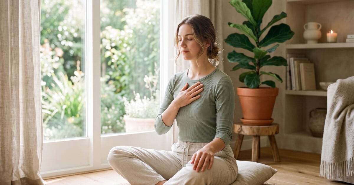 Woman sitting calmly by a bright window practicing a slow breathing exercise to support vagus nerve function