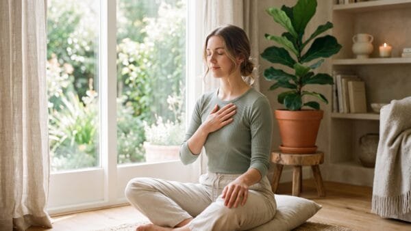 Woman sitting calmly by a bright window practicing a slow breathing exercise to support vagus nerve function