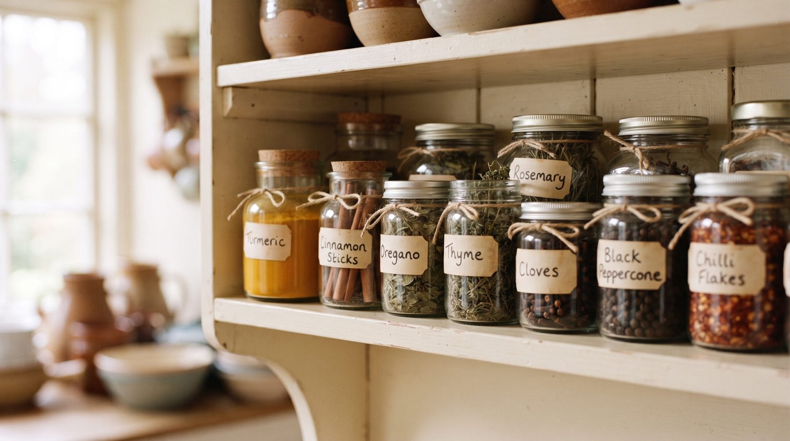 Clear glass jars of dried turmeric, cinnamon, oregano, thyme, rosemary and cloves on a painted wooden kitchen shelf