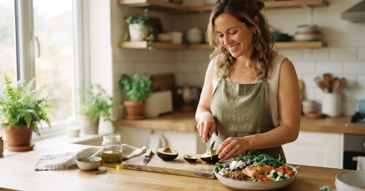 Woman preparing a colorful balanced meal in a bright kitchen, a food-first way to balance hormones naturally