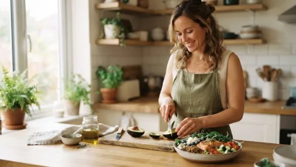 Woman preparing a colorful balanced meal in a bright kitchen, a food-first way to balance hormones naturally
