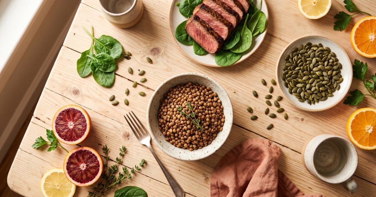 Overhead flat lay of iron-rich foods including spinach, lentils, red meat, and citrus for a low iron symptoms article