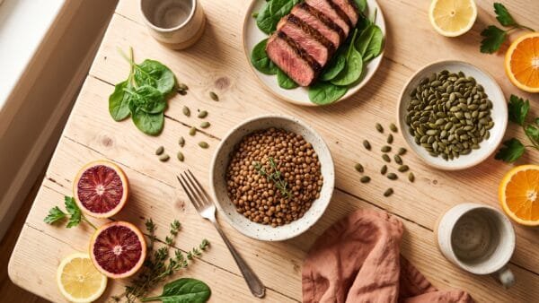Overhead flat lay of iron-rich foods including spinach, lentils, red meat, and citrus for a low iron symptoms article
