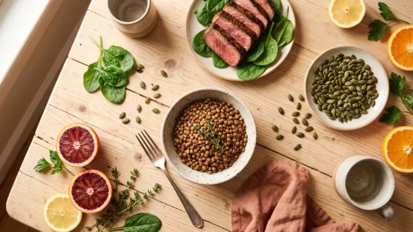 Overhead flat lay of iron-rich foods including spinach, lentils, red meat, and citrus for a low iron symptoms article