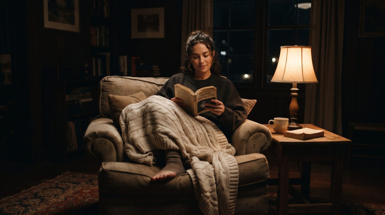 Person reading in a warm lamplit chair in the middle of the night instead of lying awake in bed at 3am