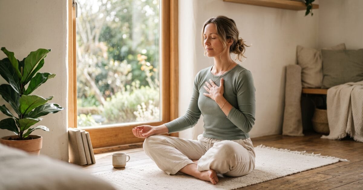 Woman sitting cross-legged by a window practicing slow, calm breathing with one hand resting on her chest