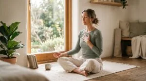 Woman sitting cross-legged by a window practicing slow, calm breathing with one hand resting on her chest