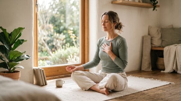 Woman sitting cross-legged by a window practicing slow, calm breathing with one hand resting on her chest