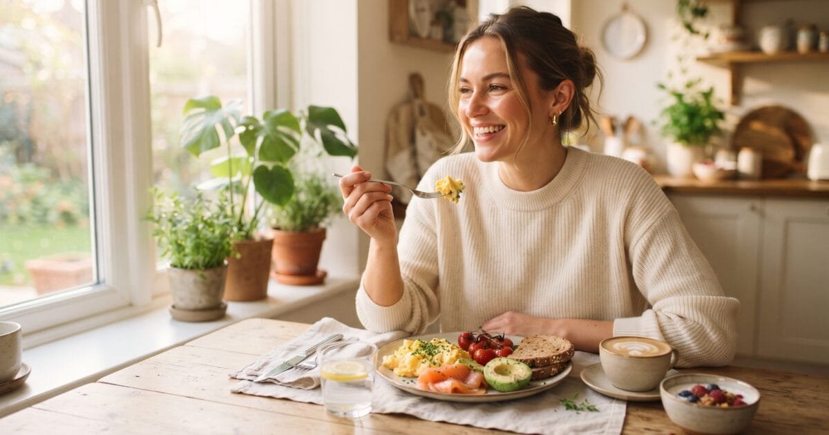 Woman enjoying a nutritious breakfast with eggs and salmon, natural B12 food sources
